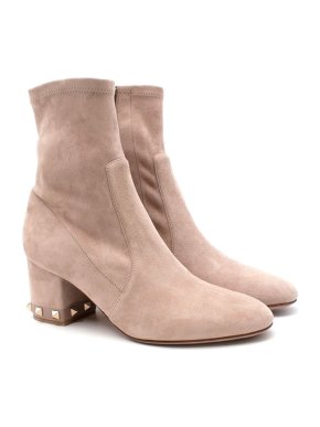 Valentino Garavani Nude Suede Rockstud Block Heel Boots