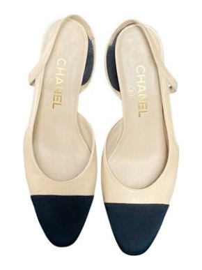 Chanel Beige Leather & Black Grosgrain Slingback Heeled Pumps