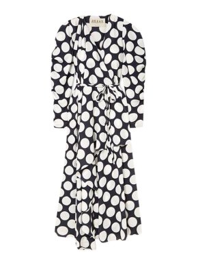 Awake Navy Blue Polka Dot Crepe de Chine Wrap Dress