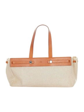 Hermes Ivory Canvas & Tan Leather Herbag Cabas MM Tote Bag