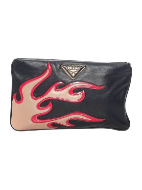 Prada Black, Red & Beige Leather Flame Clutch Bag