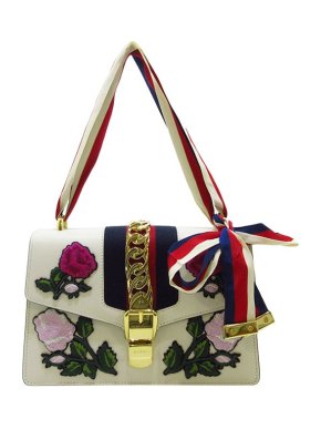 Gucci Ivory Leather Embroidered Sylvie Bag