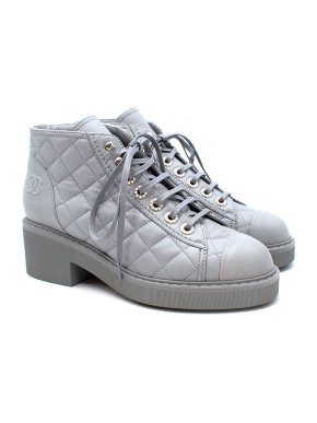 Chanel Pearl Grey Leather Quilted Combat Boots