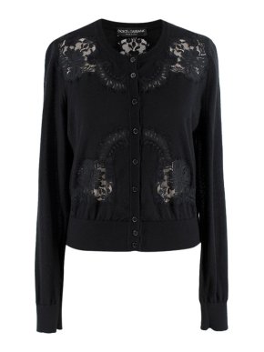 Dolce & Gabbana Black Silk-Cashmere Lace Applique Cardigan