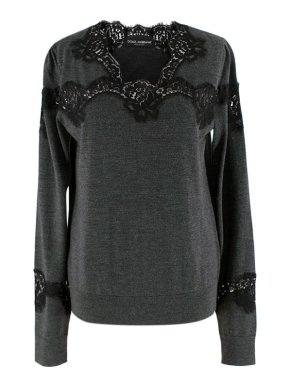 Dolce & Gabbana Charcoal Melange Cashmere Jumper with Lace Trim