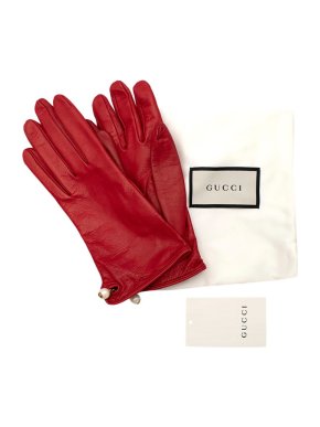 Gucci Red Lambskin Faux Pearl Detail Gloves - Size 6.5
