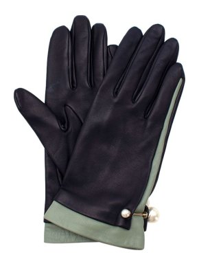 Dior Sage & Navy Leather Faux Pearl Embellished Gloves 7