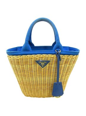 Prada Blue Canvas & Natural Wicker Midollino Basket Bag