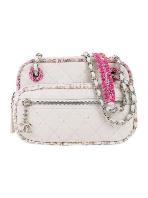 Chanel White Leather Quilted Tweed Edge Camera Bag