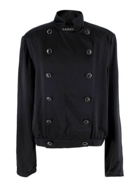 Chanel Black Double Breasted Silk Bomber Jacket