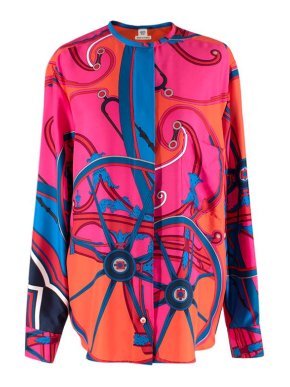 Hermes Pink, Blue & Orange Scarf Print Silk Blouse