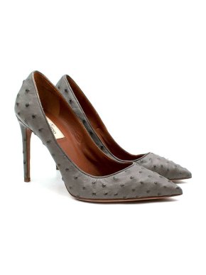 Valentino Garavani Grey Ostrich Leather Pointed Toe Heeled Pumps