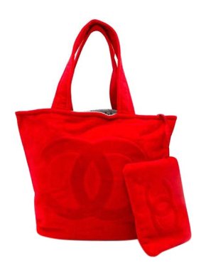Chanel Red CC Terry Cotton Beach Bag & Towel Set