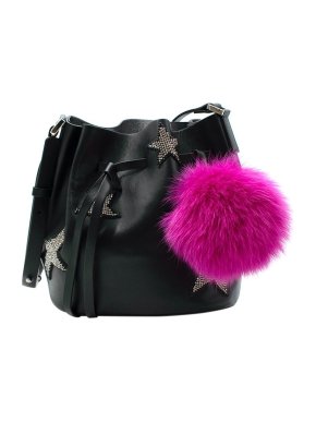 Les Petits Joueurs Star Embroidered Black Leather Bucket Bag With Pink Fluffy Charm