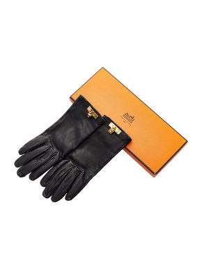 Hermes Black Lambskin Soya Gloves GHW