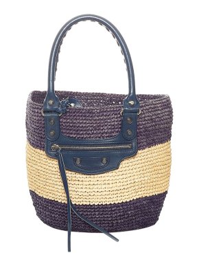 Balenciaga Blue & Natural Striped Raffia City Panier Bag