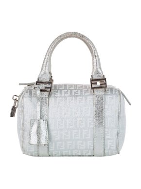 Fendi Vintage Silver Zucchino Canvas & Leather Boston Bag