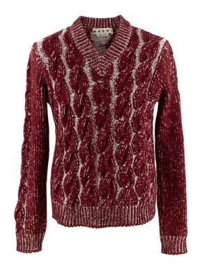 Marni Burgundy & Ivory Cable Knit V-Neck Jumper