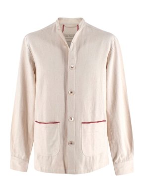 Harago Ivory Cotton Twill Grandad Collar Shirt