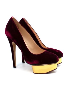 Charlotte Olympia Burgundy Velvet Dolly Platform Heeled Pumps