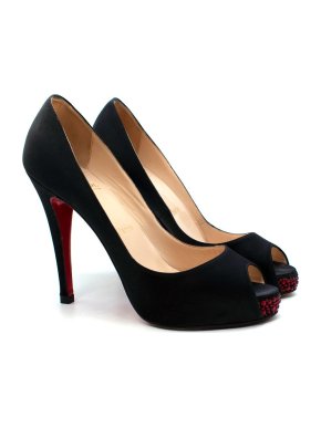 Christian Louboutin Black Satin & Crystal Very Prive Peep Toe Heeled Pumps