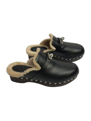Hermes Black Leather Shearling Lined Carlotta Clogs