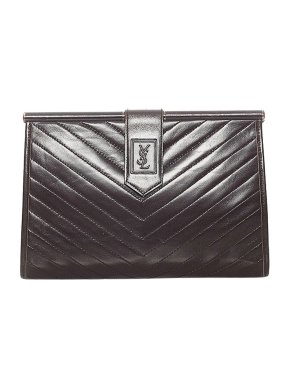 Saint Laurent Vintage Black Leather Chevron Quilted Clutch Bag