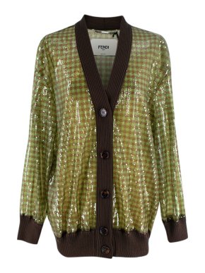 Fendi Green & Brown Gingham Sequinned Tulle Cardigan