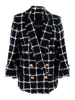 Balmain Black & White Windowpane Check Tweed Jacket