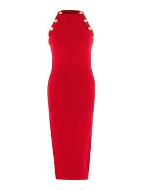 Balmain Red Sleeveless Rib-Knit Dress
