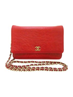 Chanel Red Leather Camelia Wallet on Chain