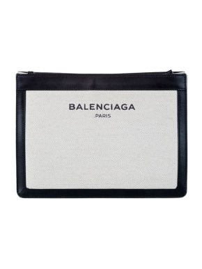 Balenciaga Navy Leather & White Canvas Pochette Crossbody Bag