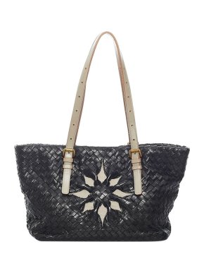 Bottega Veneta Vintage Black & Ivory Intrecciato Leather Tote Bag