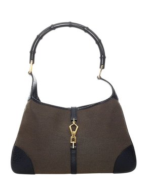 Gucci Brown Canvas & Black Leather Jackie Bamboo Handle Bag