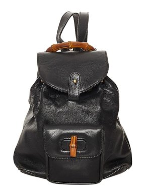 Gucci Vintage Black Leather Bamboo Backpack
