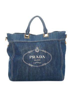 Prada Indigo Denim Canapa Logo Shopping Tote Bag