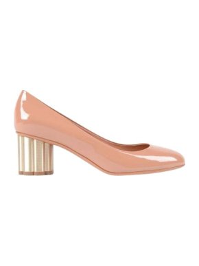 Salvatore Ferragamo Nude Patent Leather Flower Heel Pumps