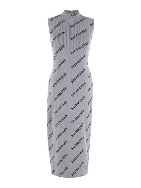 Balenciaga Grey Logo Printed Ribbed-Knit Dress