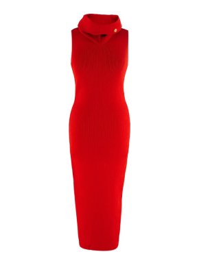 Balmain Red Ribbed Knit Roll Neck Midi Dress