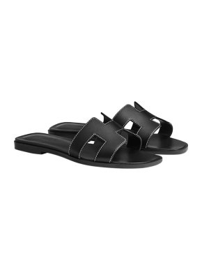 Hermes Black Leather Oran Sandals