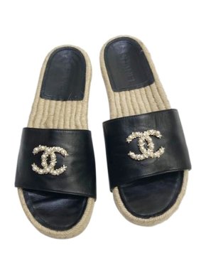 Chanel CC Embellished Black Leather Espadrille Slides