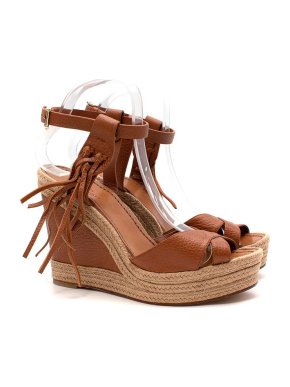 Valentino Garavani Tan Leather & Jute Wedge Heeled Espadrille Sandals