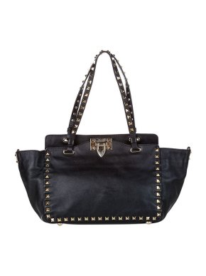 Valentino Garavani Black Leather Rockstud Small Tote Bag