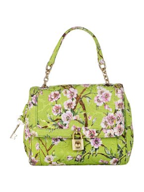 Dolce & Gabbana Green Cherry Blossom Printed Leather Padlock Bag