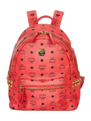 MCM Red Visetos Leather Studded Backpack