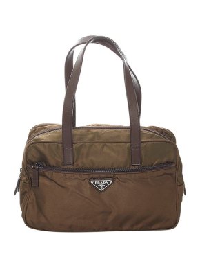 Prada Khaki Nylon Tessuto Boston Bag