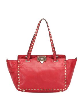 Valentino Garavani Red Leather Small Rockstud Tote Bag
