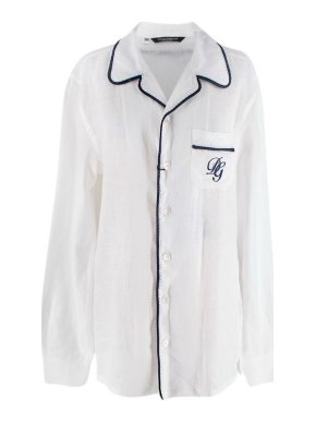 Dolce & Gabbana White Linen Navy Embroidered Pyjama Shirt