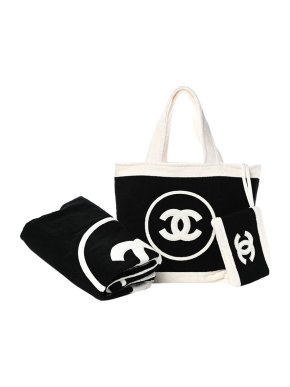 Chanel Black & White Cotton Terry Beach Bag & Towel Set