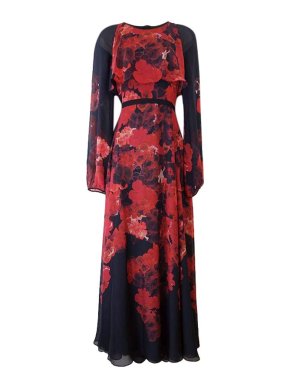 Giambattista Valli Red & Black Floral Silk Chiffon Gown